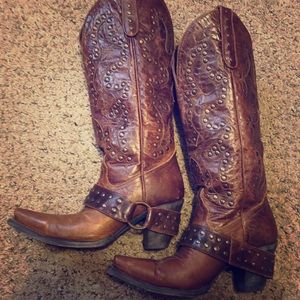 Lane Ladies Stud Rocker Brown w/Harness Boots
